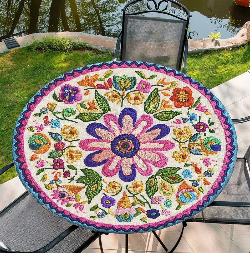Round Tablecloth Waterproof Fitted Boho Colorful Tablecloths Decor for Home Kitchen Dining Party Patio Indoor and Outdoor, 60 Inch