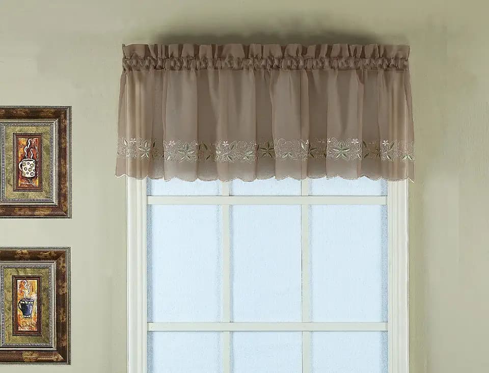 Today's Curtain, Emelia Embroidery Sheer Valance 14", Taupe, 59" W x 14" L