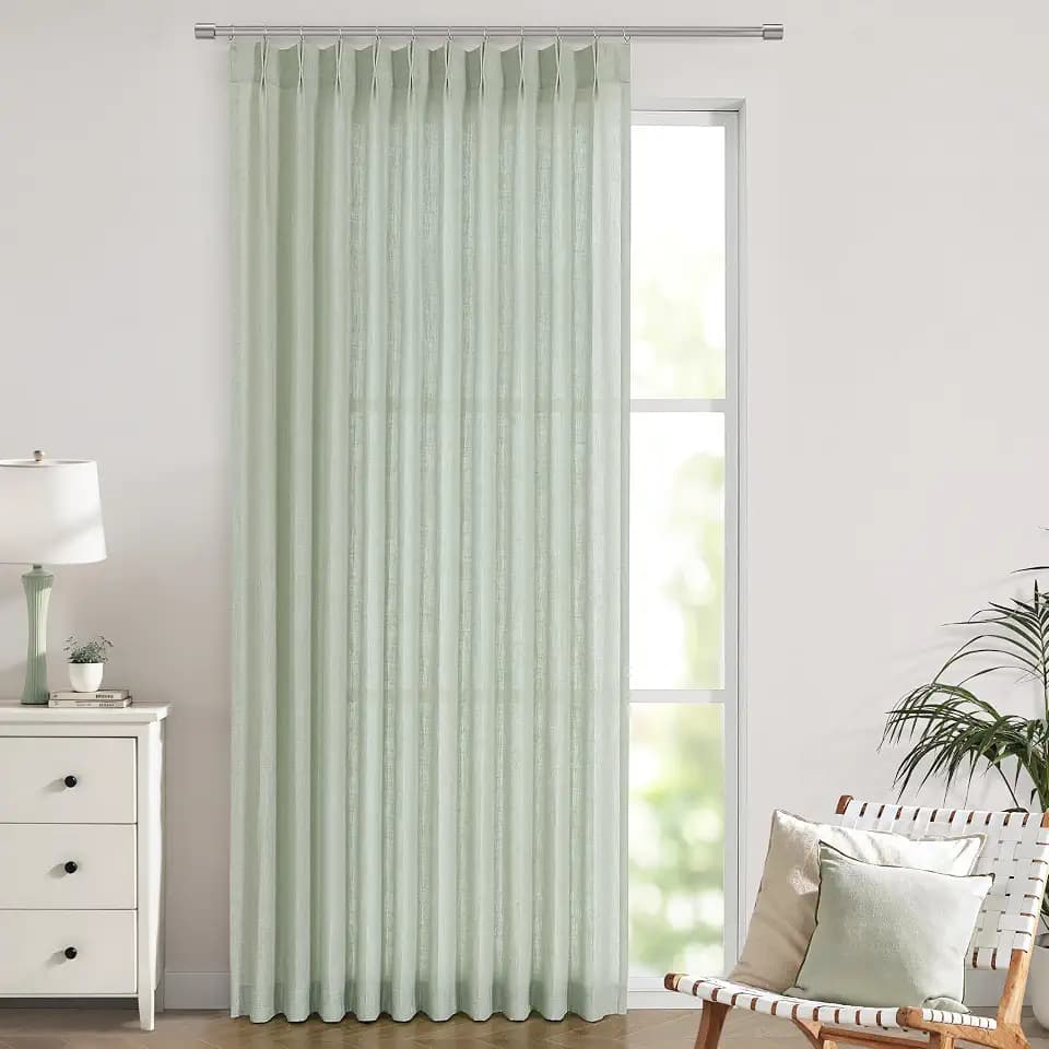 Vision Home Light Green Linen Pinch Pleated Semi Sheer Curtains 60Wx102Lx1