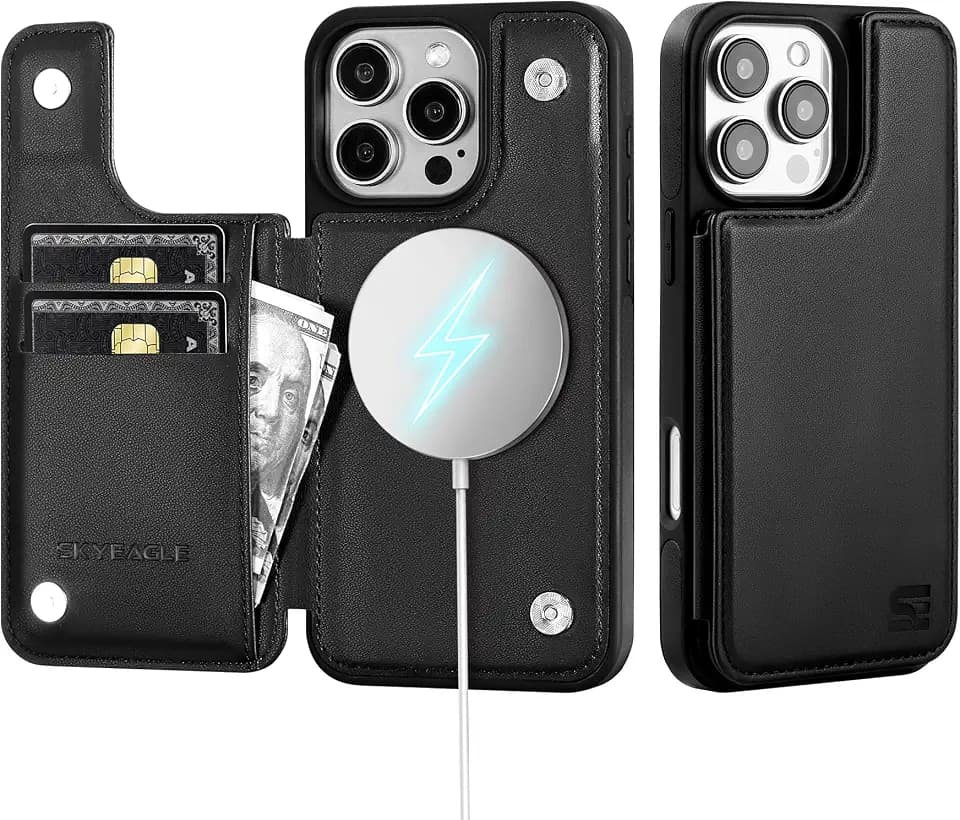 SkyEagle Compatible with Magsafe for iPhone 16 Pro Wallet Case with Card Holder,Women Men Phone Case PU Leather Kickstand Flip Protective Shockproof Cover Credit Card Slots,for Apple 16 Pro6.3,Black