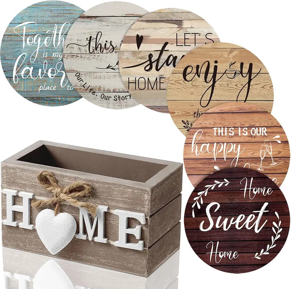 Einweihungsgeschenke für Heimdekoration, Holzherz-Untersetzer für Getränke, Set mit 6 Bauernhaus-Untersetzern mit Halter, lustig für Familie, Freund, Couchtischschutz, 10,2 cm (braun, Mehrfarbig)