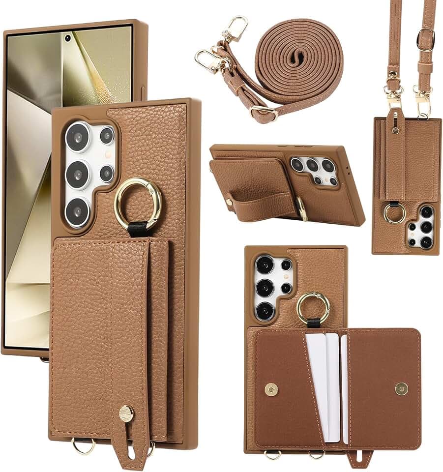 Case für Samsung Galaxy S25 Ultra Hülle Crossbody mit Brieftasche [Kartenfächern] [Ring Ständer] Handschlaufe Geldbörse Handyhülle Slim Dünn Leder Cover für Samsung Galaxy S25 Ultra, Braun