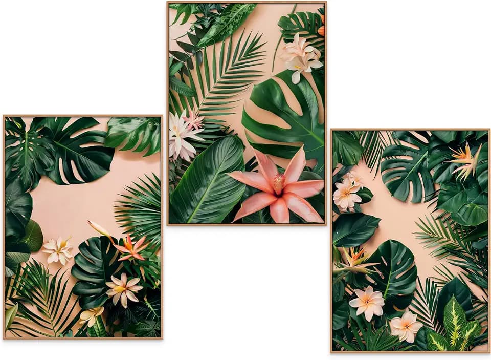 GrowArt - 3er-Poster mit grünen Blättern auf rosa Hintergrund im A3-Format ohne Rahmen | hochwertiger Fotodruck | außergewöhnliche Wanddekoration für Naturliebhaber | Motive nur bei uns erhältlich |