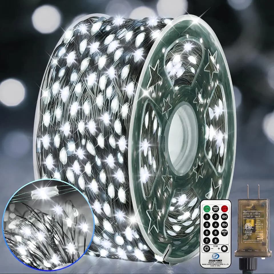 KNONEW 203FT 600LED Green Wire Outdoor Fairy Lights Plug in Cool White Xmas