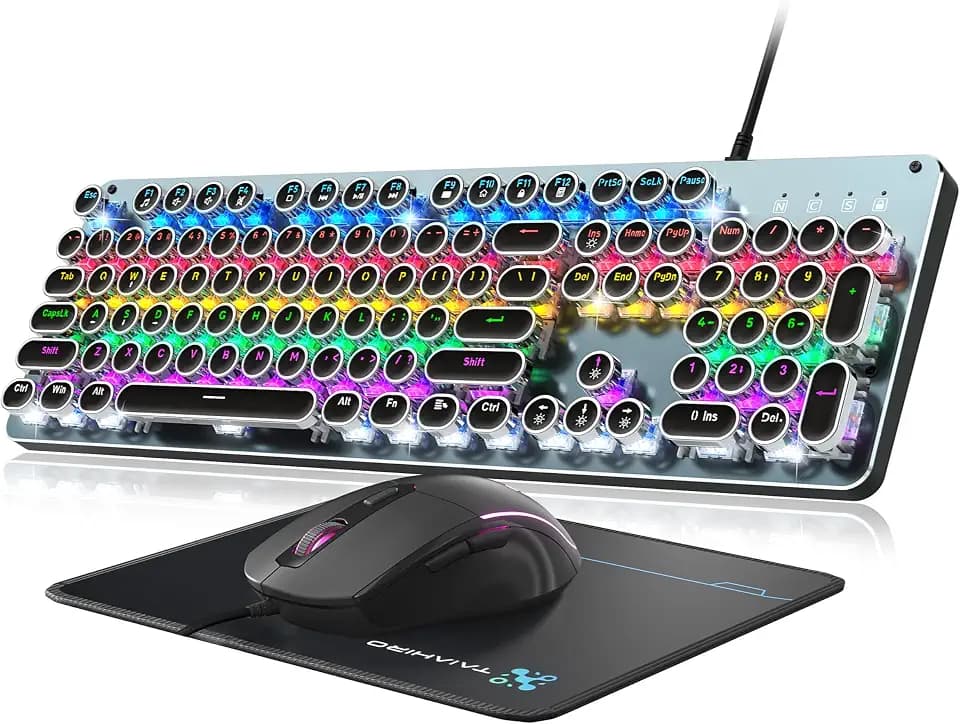 Typewriter Style Mechanical Gaming Keyboard Blue Switch, Rainbow LED Backlit Wired Computer Keyboards Mouse and Pad Combo, Metal Panel Retro Punk Round Keycaps, 104 Keys Anti-Ghost for PC Laptop Gamer