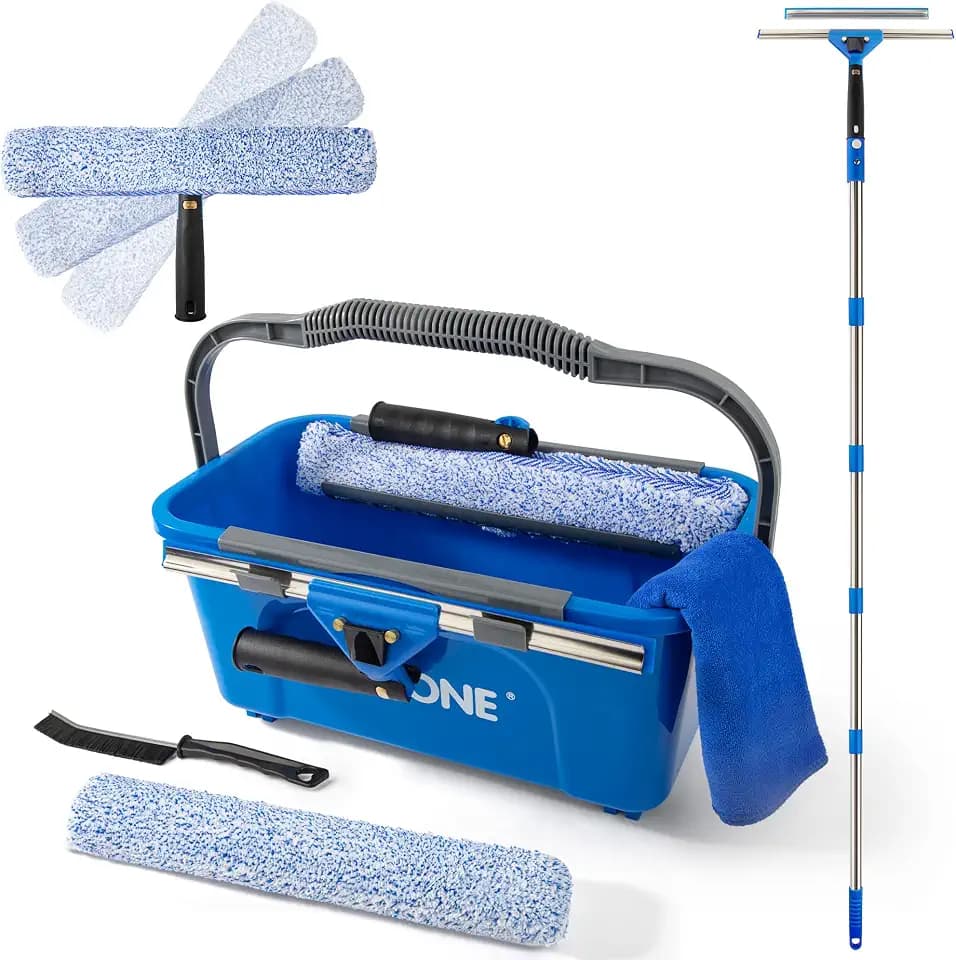 Window Cleaning Kit with Bucket, Squeegee, Scrubber & 80in Handle, Blue