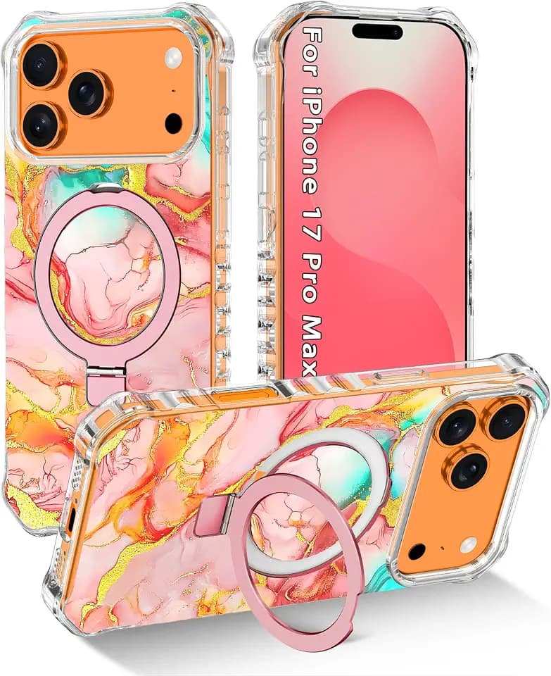 Meshine for iPhone 17 Pro Max Case with Magnetic Stand,[Compatible with MagSafe] Wave Frame Cute Flower Design Shockproof Drop Protective Women Girls Cover for iPhone 17 Pro Max,Pink Gold