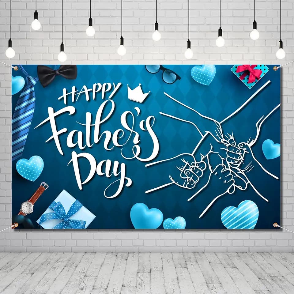Happy Father's Day Backdrop Banner 5x3 ft Large Size Blue Background Photography for Father Day Party Decorations Supplies