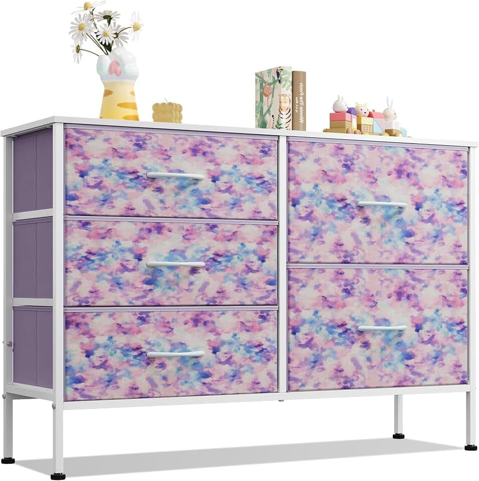 WLIVE 5 Drawer Fabric Dresser for Bedroom, Wide Storage Chest, Tie-dye