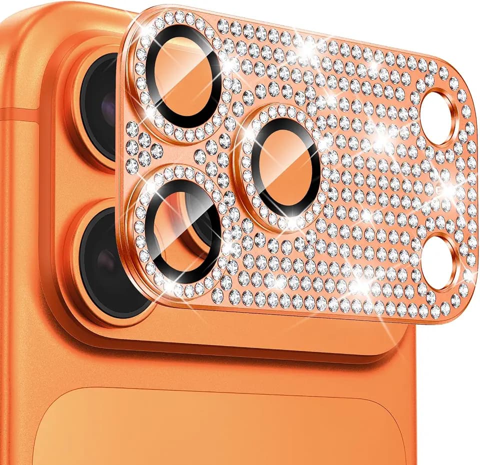 Goton for iPhone 17 Pro Max Camera Lens Protector Diamond Bling- Not Easy to Fall, Strong Adsorption, Glitter Metal Aluminum Alloy Rear Camera Screen Cover Accessories for 17 Promax, Light Orange