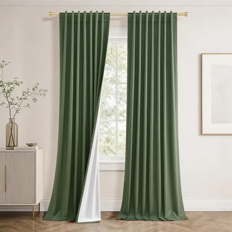 Jowels Olive Green Linen Blackout Curtains 96 Inches Long for Bedroom