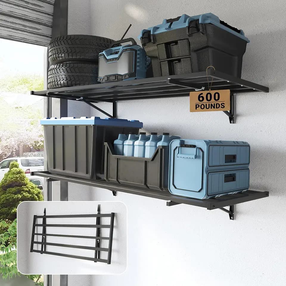 FLEXIMOUNTS Fold-Down 2-Pack 2x4ft Garage Wall Shelving, 600lbs Load, Black