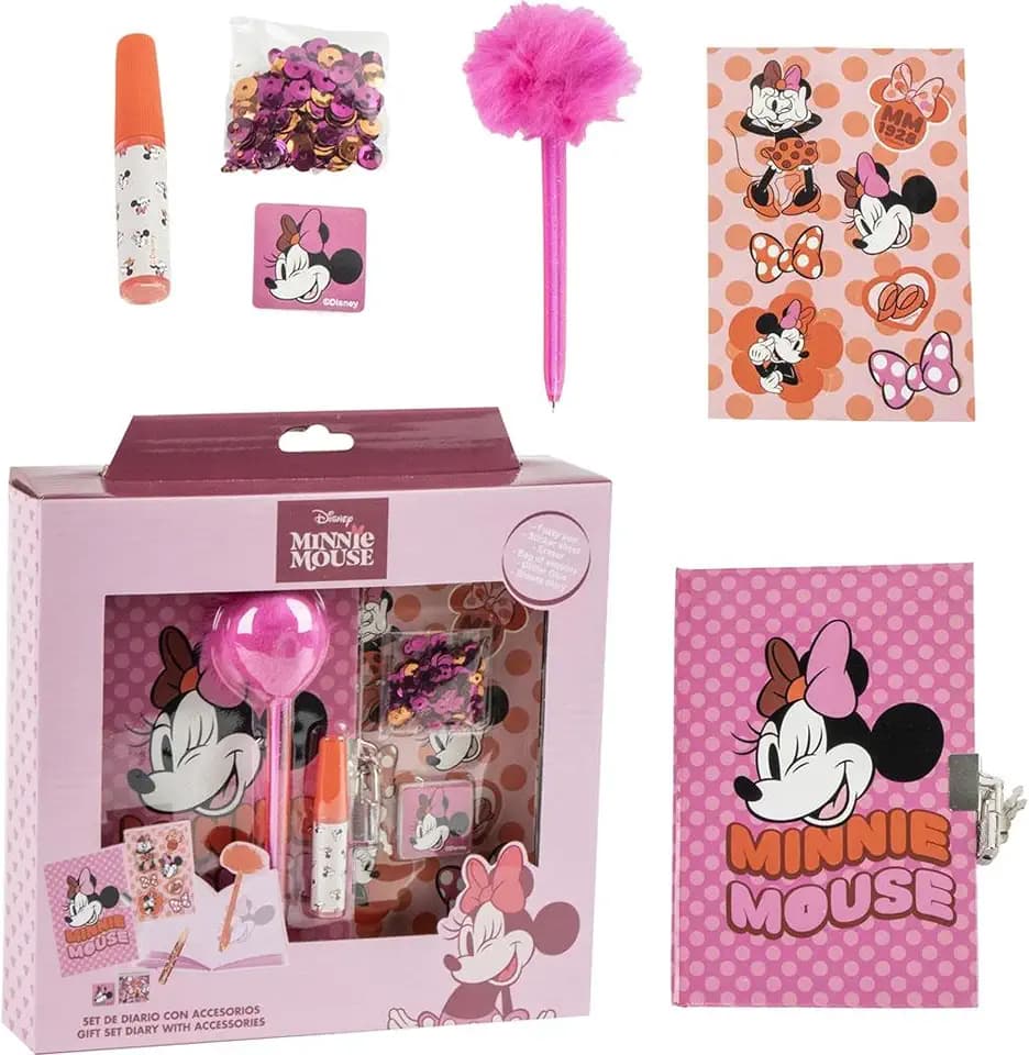 Minnie Tagebuch Set – Kindertagebuch mit Fuzzy Pen, Stickern und Minnie Mouse-Themenzubehör für kreative Mädchen, die gerne schreiben, zeichnen und ihre eigene Welt personalisieren