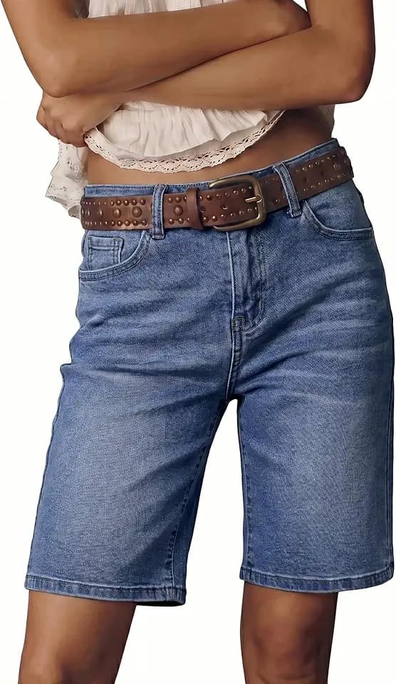 luvamia Bermuda Jean Shorts for Women High Waisted Trendy Stretchy Denim Shorts Knee Length Cutoff Loose Fit Long Shorts