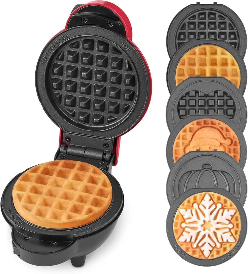 Dash Holiday MultiMaker Mini Waffle Maker, Removable Waffle Plates, Red