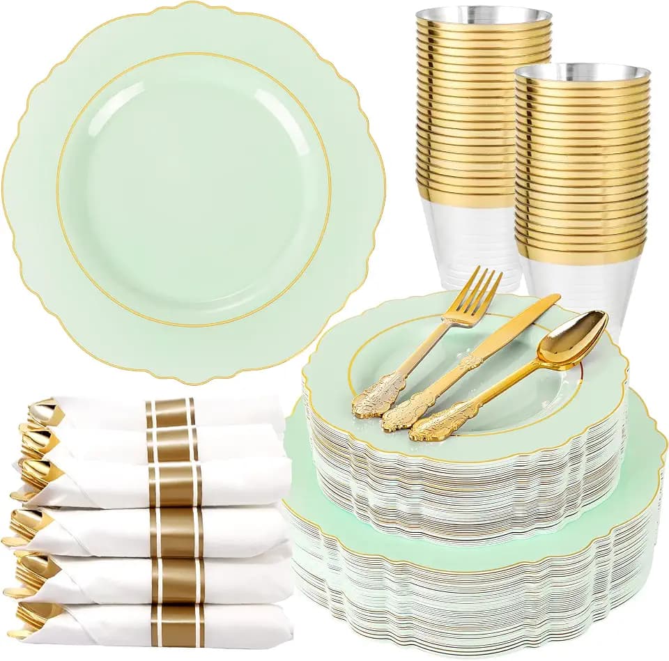Liacere 350PCS Light Green Plates - Disposable Green and Gold Plastic Plates 50guest Baroque Dinnerware include 100Plates,50Pack Pre Rolled Napkins with Silverware 50Cups for Wedding ＆ Party & Spring