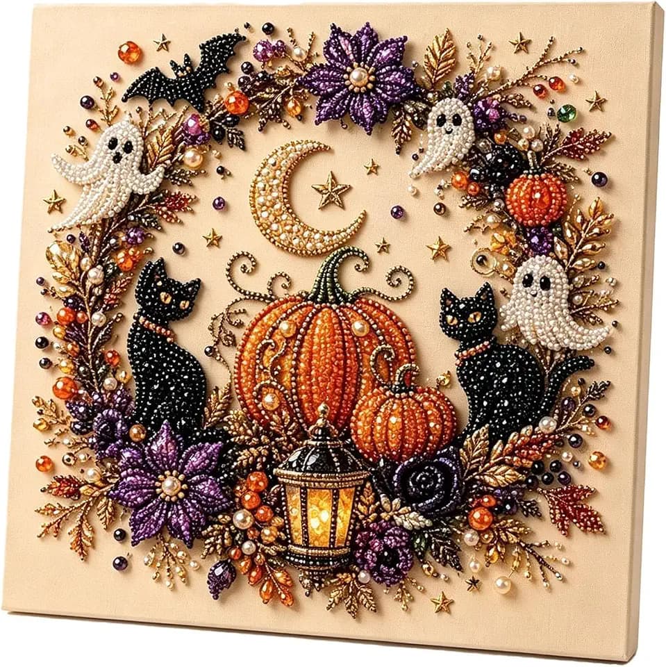 Samelek Halloween Pearl Art DIY Kit, Fall Holiday Handmade Pearl Painting Kits Hanging Ornament for Adults, Crystal Pendant Beads Craft Set, Skeleton Ghost Accessories Desktop Decor