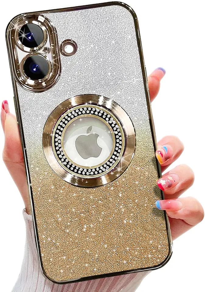 Misscase Magnetische Glitzer-Schutzhülle für iPhone 17, niedlich, vollständiger Schutz, schlank, stoßfest, kratzfest, glitzernd, mit Kameralinsenschutz, Logo, staubdichtes Netz, für Damen, goldfarben