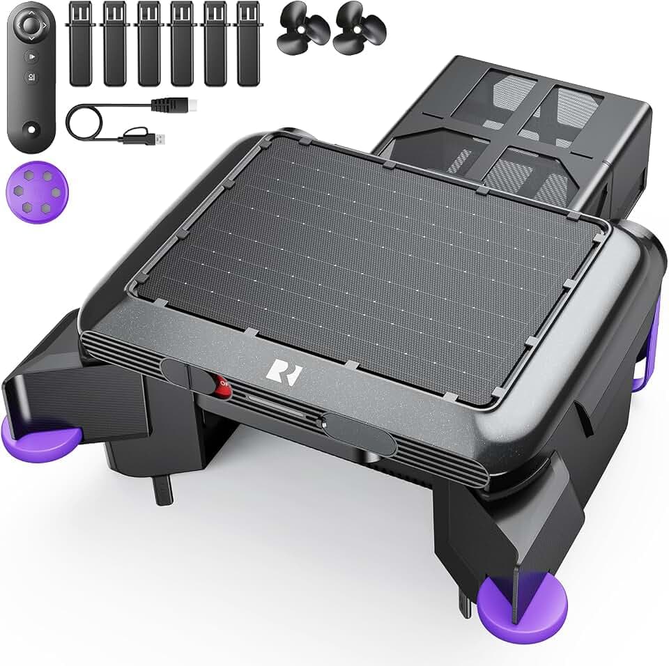 Redkey S500 Solar Pool Skimmer Roboter, Poolroboter Akku Solar mit 24/7 Oberflächenreinigung, Dual Motoren, Dual Ladesystem, Intelligenter Hinderniserkennung, 200µm Feinfiltersystem
