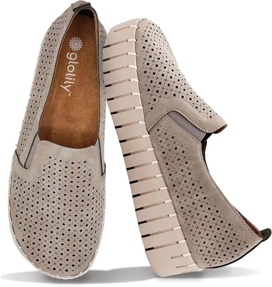 Glolily Elle Platform Perf Women's Comfort Flats - Orthotic Lightweight & Flexible Walking Shoes with Arch Support, Comfortable Casual Fashion Shoes for Women