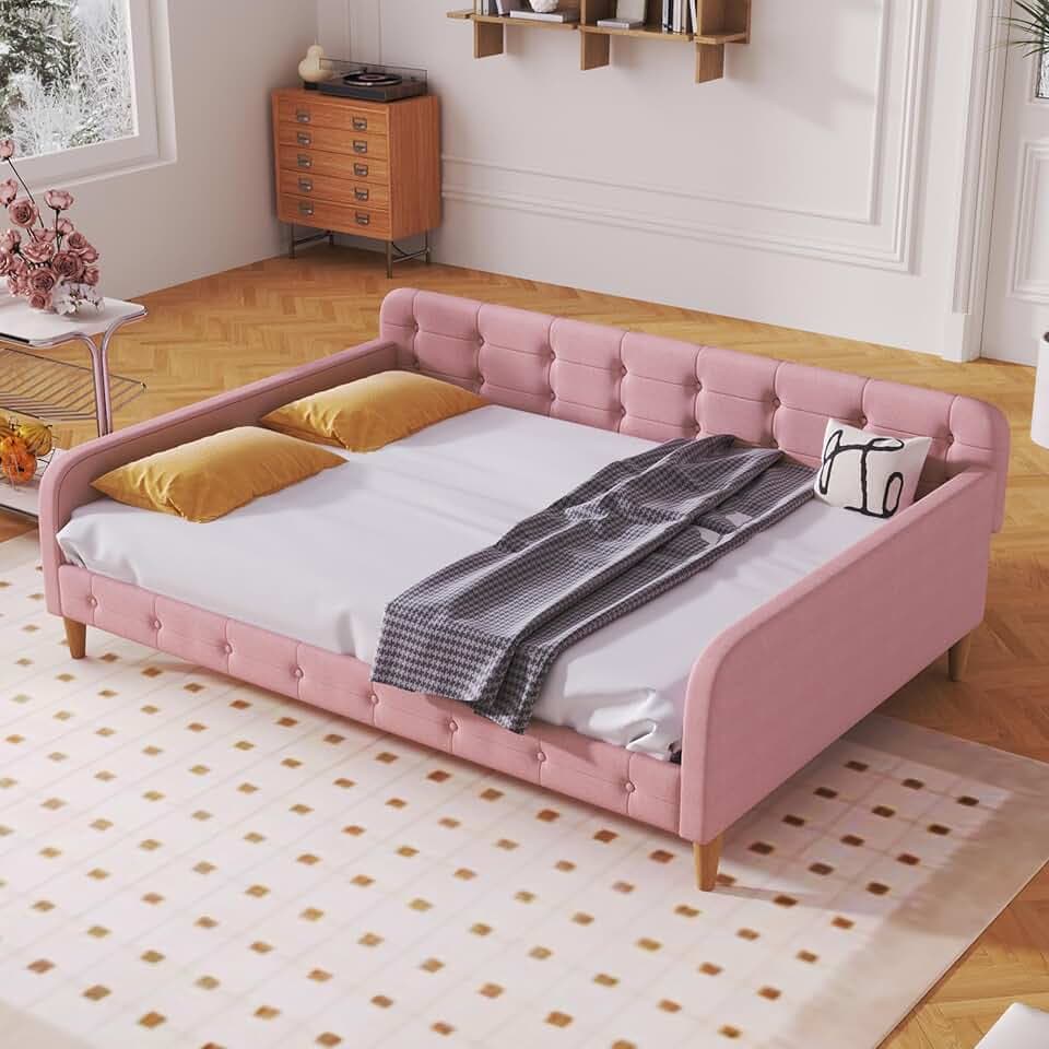 Merax 79" Full Size Linen Upholstered Daybed with 4 Wood Legs,Pink