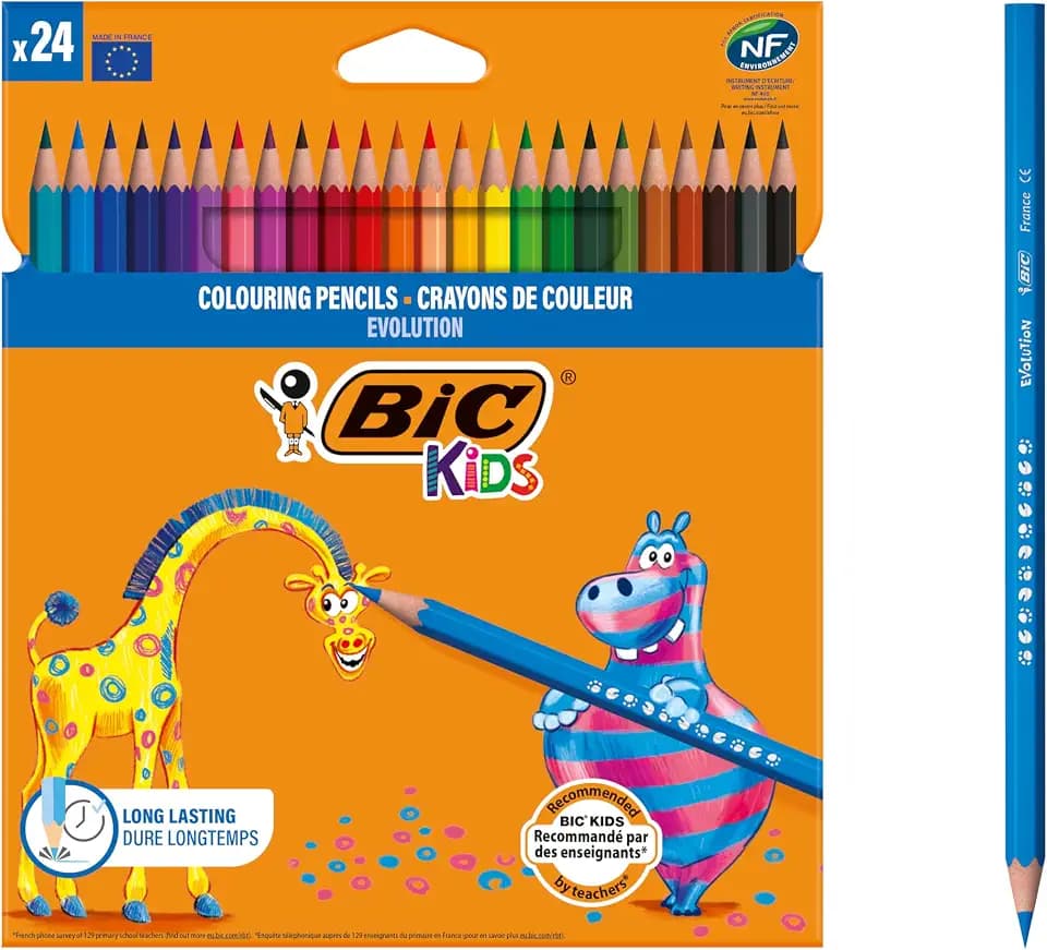 BIC Kids Buntstifte ECOlutions Evolution, zum Malen in 24 Farben, im Karton Etui, ab 5 Jahre, Bruchsichere Mine & ohne Holz