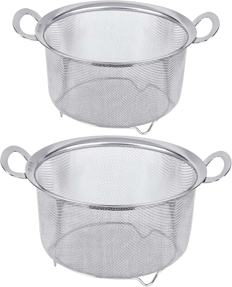 Tiawudi 2 Pack Strainers for Kitchen, 18/8 Stainless Steel Colander with Handles, Fine Mesh Strainer for Pasta, Rice and Fruit, Sieve with Resting Feet to Strain, Rinse, Steam or Cook Vegetables