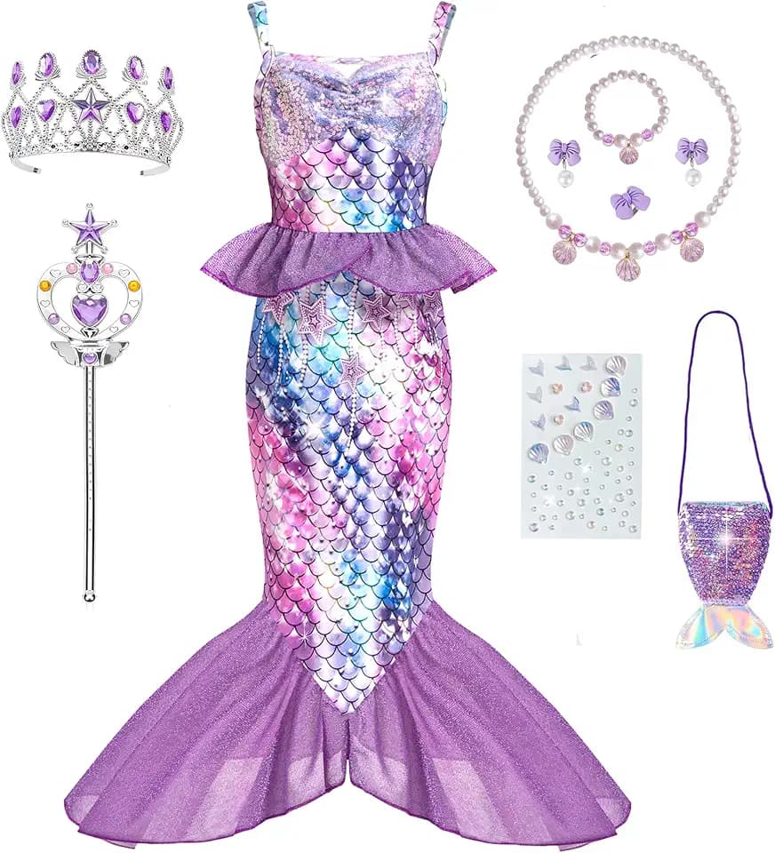 Mermaid Costume for Girls -Little Mermaid Dress with Jewelrys &Bag,Princess Dress Up for Girls Birthday Gift 3-12Y