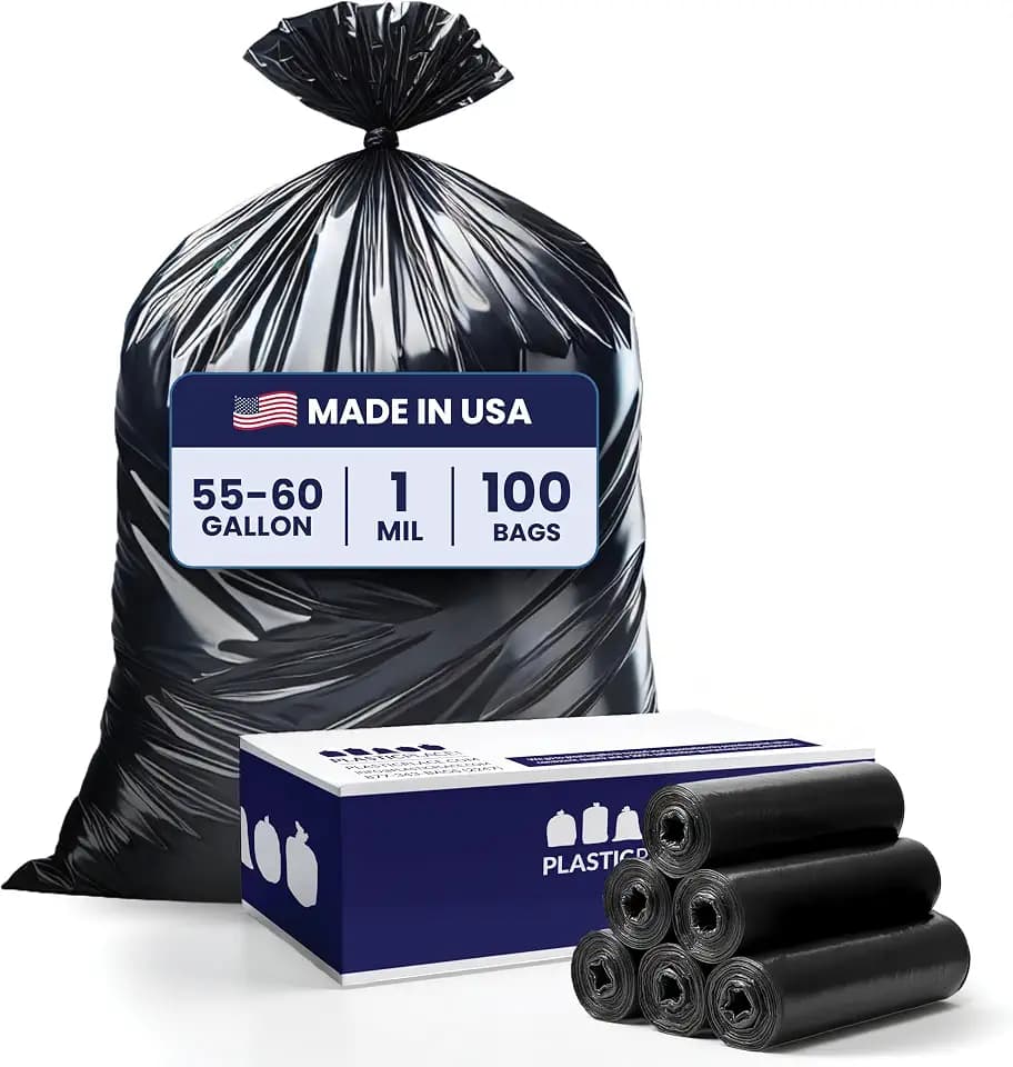 Plasticplace 55-60 Gallon Trash Bags │ 1.0 Mil │ Black Heavy Duty Garbage Can Liners │ 38” x 58” (100 Count)
