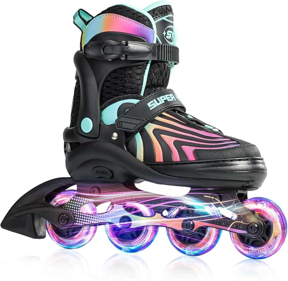 SUPER YOUNGSTER Girls Inline Skates for Boys Kids Ages 4-12, Adjustable Light Up Roller Skates for Youth Teens Ages 8-12, Beginner Blades for Women Adults