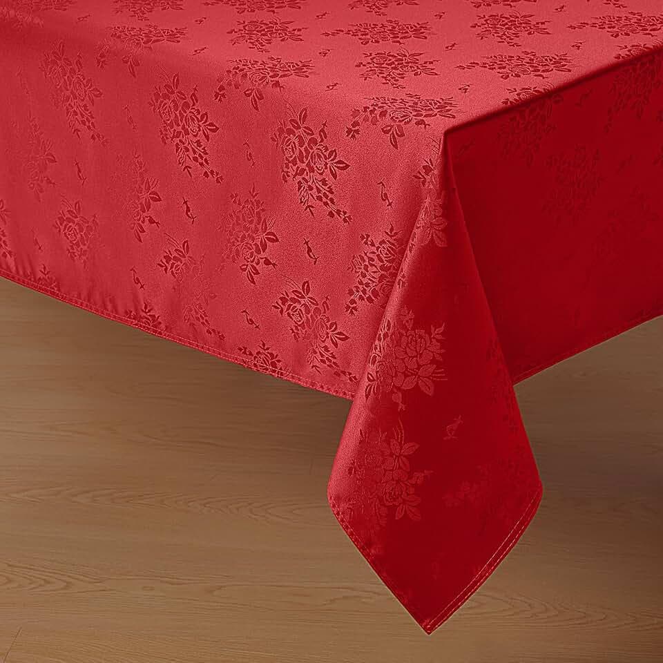 Romanstile Red Rectangle Tablecloth - Jacquard Waterproof Rose Floral Pattern Decorative Table Cloth, Damask Heavy Weight Fabric Table Covers for Dining/Kitchen/Valentine's Day - 60 x 104 Inch