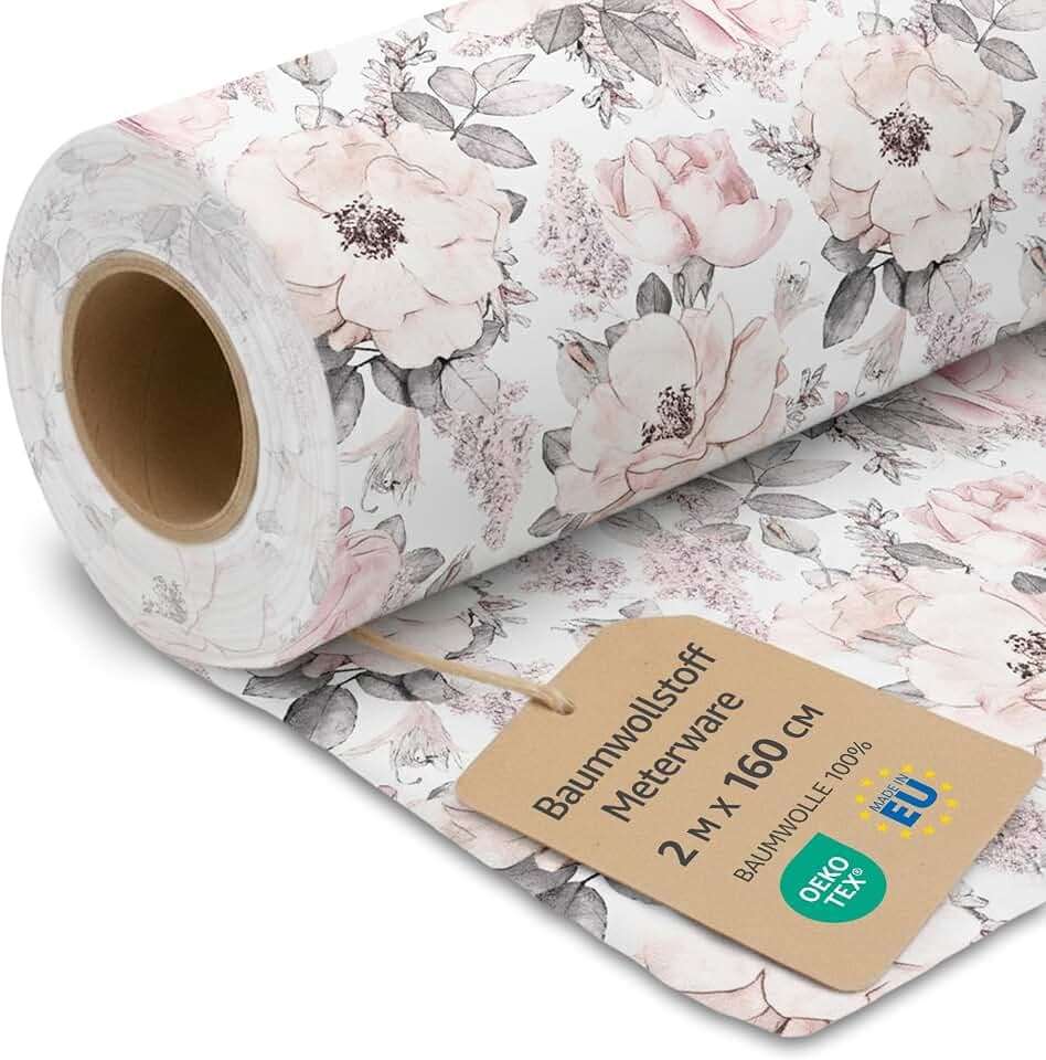 Stoff Meterware Baumwollstoff 2 M x 160 cm - Stoffe zum nähen aus reine baumwolle fabric futterstoff dekostoff für patchwork canvas und sewing nähstoff Oeko-Tex Wilde Rose