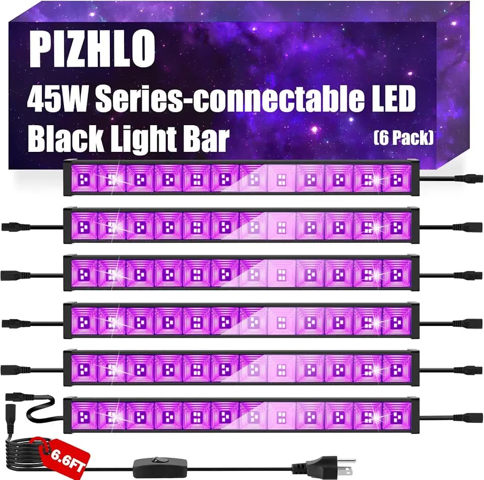 6 Pack 45W Series-connectable LED Black Light Bar, Scalable Blacklight with 6.6ft Cord+Switch, Each Light Up 26x26ft Glow in the Dark for Halloween Party Birthday Body Paint Fluorescent Poster