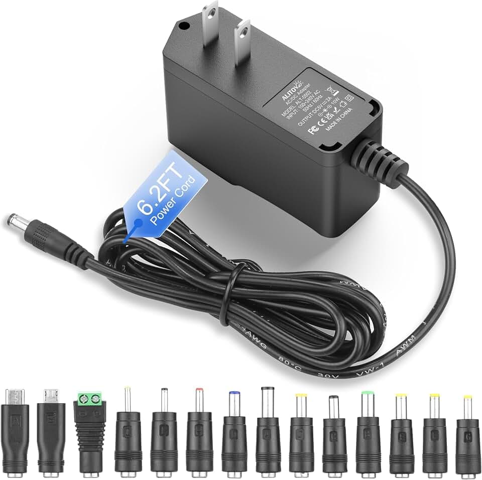 ALITOVE 5V 2A Power Supply 10W AC Adapter 100-240V 50-60Hz to DC 5 Volt 2Amp 1500mA 1A Replacement Power Cord 6.5FT with 14 Tips for LED Light Security Camera Monitor Digital Photo Frame TV Box