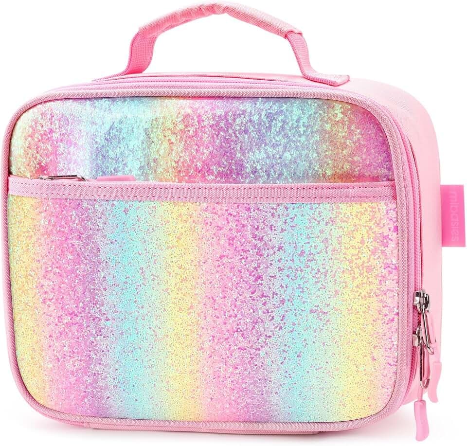 mibasies Kids Lunch Box for Girls, Insulated and Reusable Lunch Bag for School Preschool Kindergarten, Pink Blue Rainbow