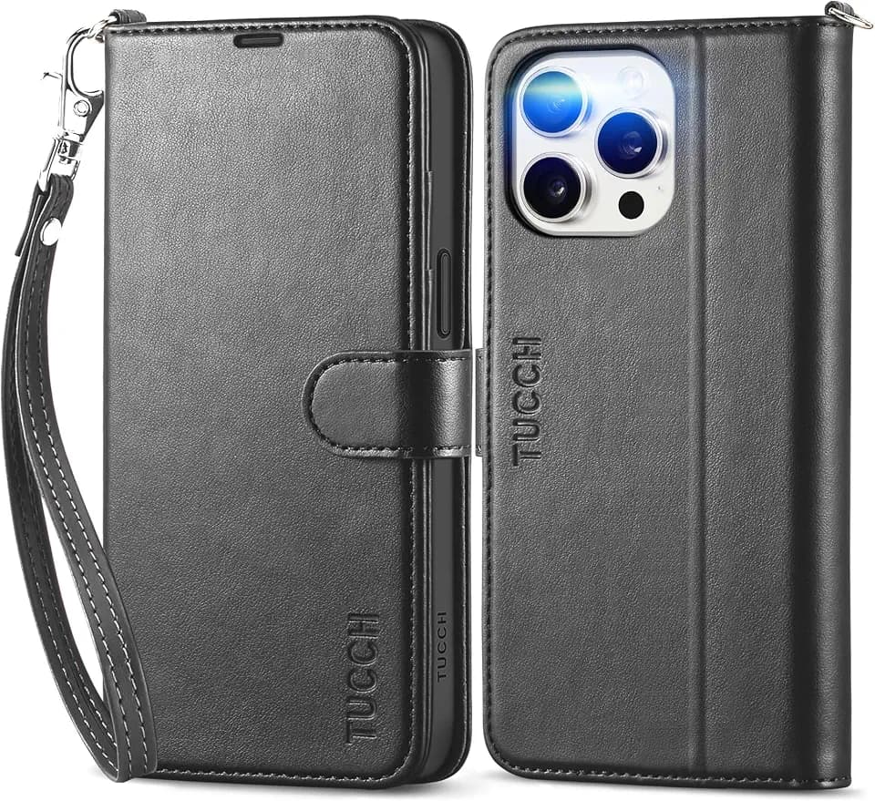 TUCCH Hülle für iPhone 15 Pro Max 5G Klapphülle mit Band Schwarz | RFID-Blocker, TPU, Kartenfach, Ständer, Magnet, Handyhülle, Stoßfeste Schutzhülle, Kompatibel mit iPhone 15 Pro Max