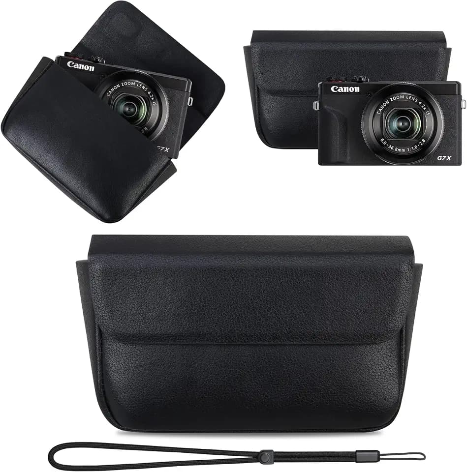 Lacdo Camera Case Bag for Canon PowerShot G7 X Mark III / G7X Mark II Digital Camera, Magnetic Leather Protective Camera Travel Pouch Sleeve, Compact Canon G7 X Mark III Case with Wrist Strap, Black