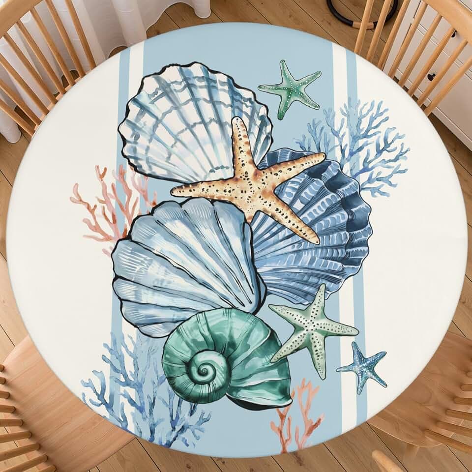 Light Blue Round Tablecloth 40-44 inch, Ocean Coastal Fitted Table Cloth Elastic Edge, Farmhouse Shell Summer Table Cover Coral Seasonal Waterproof Washable, Picnic Camping Dining Party Decor