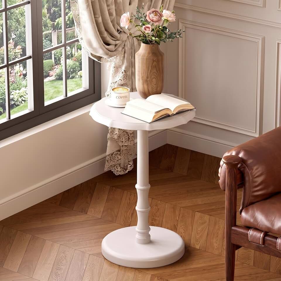 Beistelltisch Vintage Massivholz, Beistelltisch Rund Schmal Holz, Kleiner Wohnzimmertisch, Getränketisch, Couchtisch, Sofatisch, Nachttisch für Wohnzimmer, Schlafzimmer und Büro (Weiß)