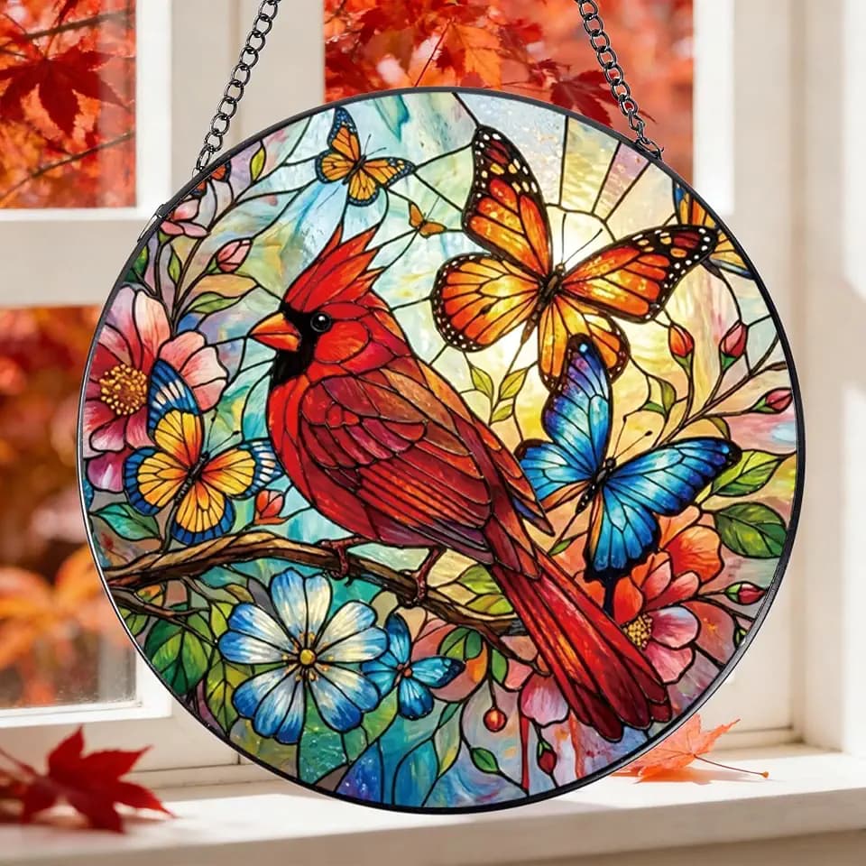 Rngmsi Cardinal Stained Glass Sun Catcher 8 Inch Window Home Decor Gift