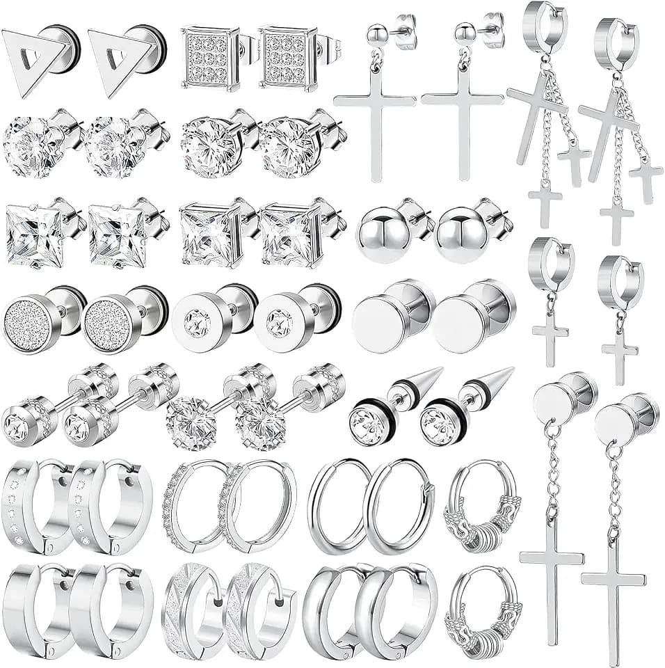 NEWITIN 24 Pairs Stainless Steel Earrings for Men Hypoallergenic Inlaid Cubic Zirconia Studs Hoop Earring Cross Dangle Earrings Unisex Punk Stud Earring for Women Men