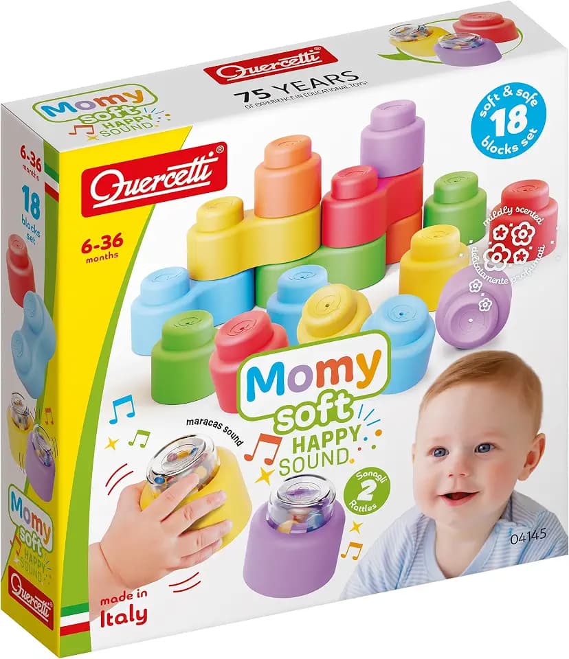 Quercetti - 4145 Momy Soft Happy Sound, 18 pcs Weiche Plastikbausteine Spielzeug für Kinder