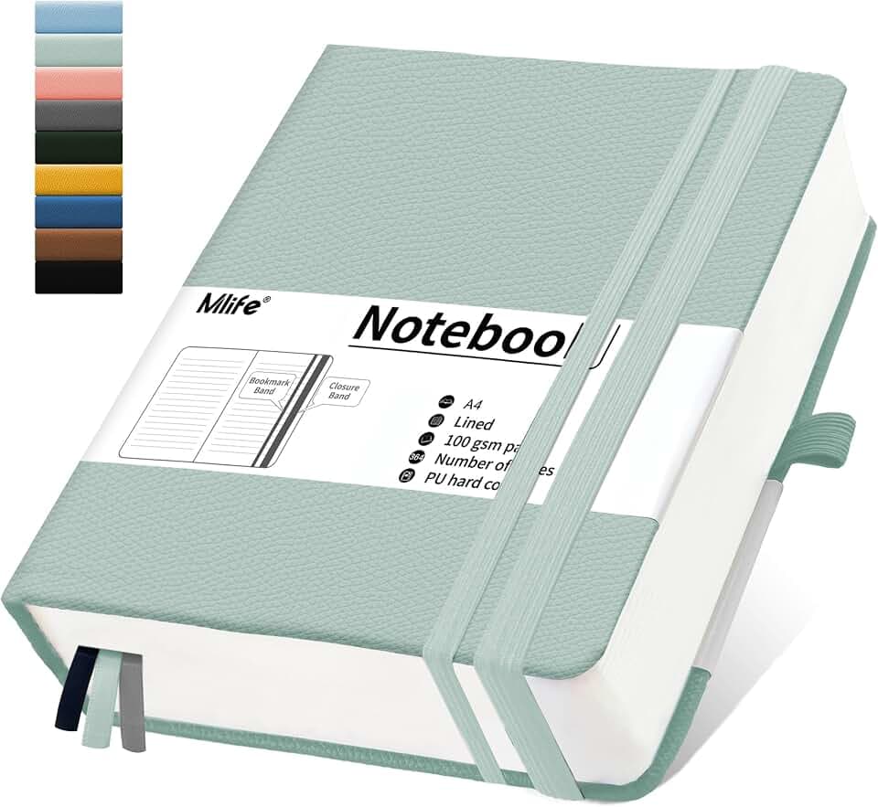 Mlife Notizbuch A4 Liniert,Dickes Notizbücher mit 360 Seiten und 100g/M² Tintenfestes Papier,Hardcover Collegeblock, Tagebuch mit 2 Rücktasche für im Büro oder in der Schule(Blaugrün)