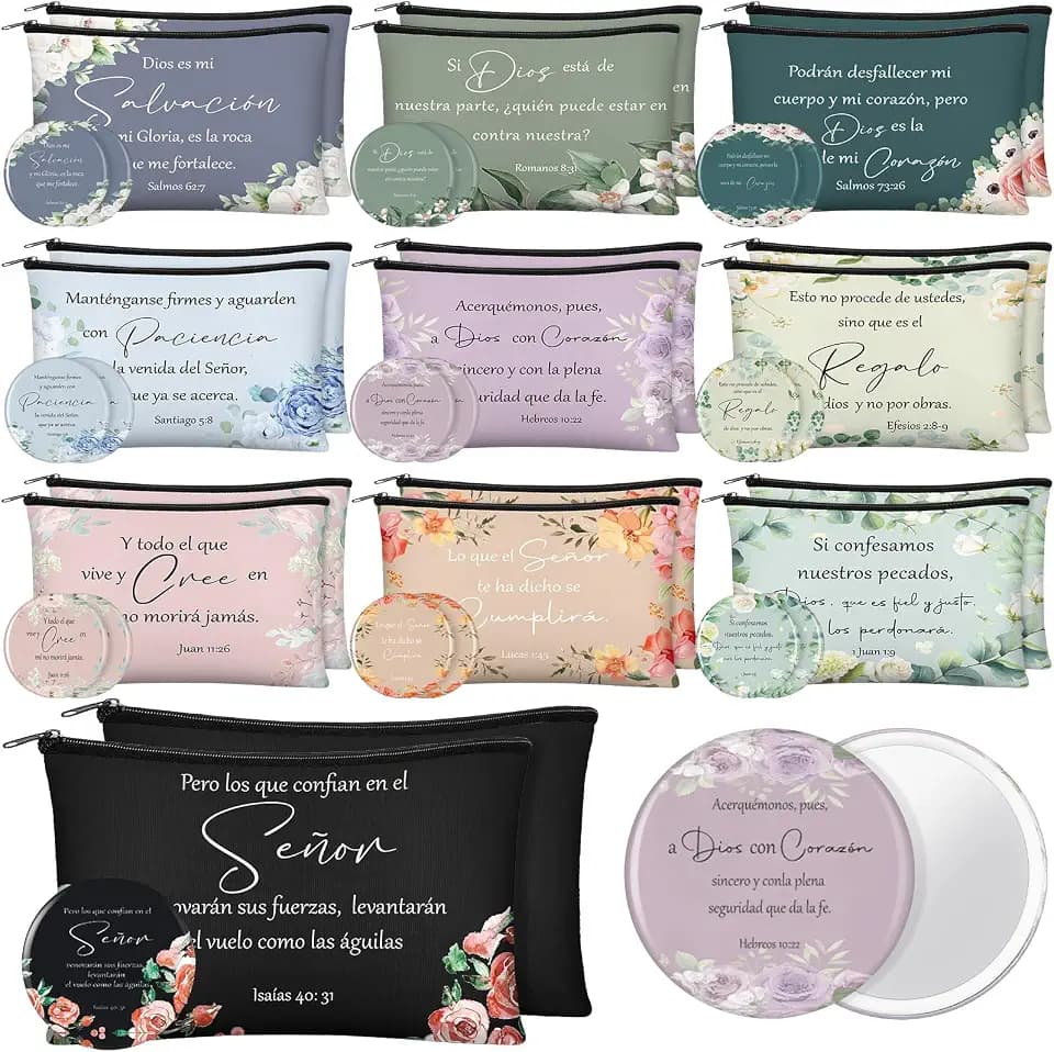 Abbylike 40 Pcs Christian Gift for Women Include 20 Bible Verse Makeup Bags 20 Christian Compact Mirrors Inspirational Religious Scripture Gift for Mom Sister Birthday Christmas (Floral Style)
