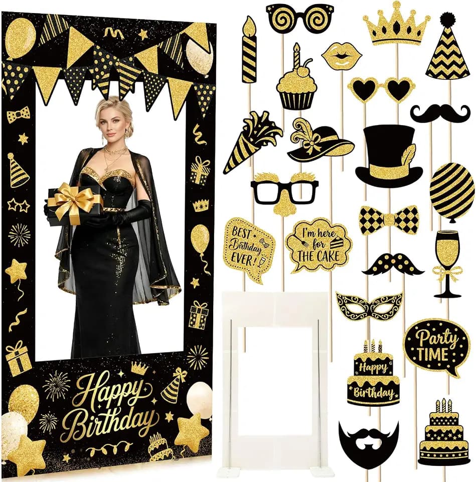 Gerrii Life Size Birthday Photo Booth Frame with Fixed Bracket- 5.9ft Tall Black Gold Poster Stand in Cardboard Selfie Frame with 25 Pcs Birthday Photobooth Props for Celebration Selfie Party Supplies