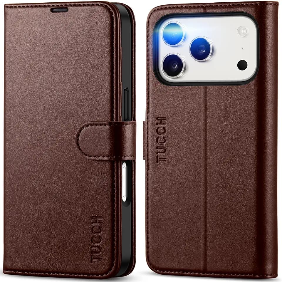 TUCCH Wallet Case for iPhone 18 Pro/17 Pro 6.3", Kickstand, Chocolate Brown