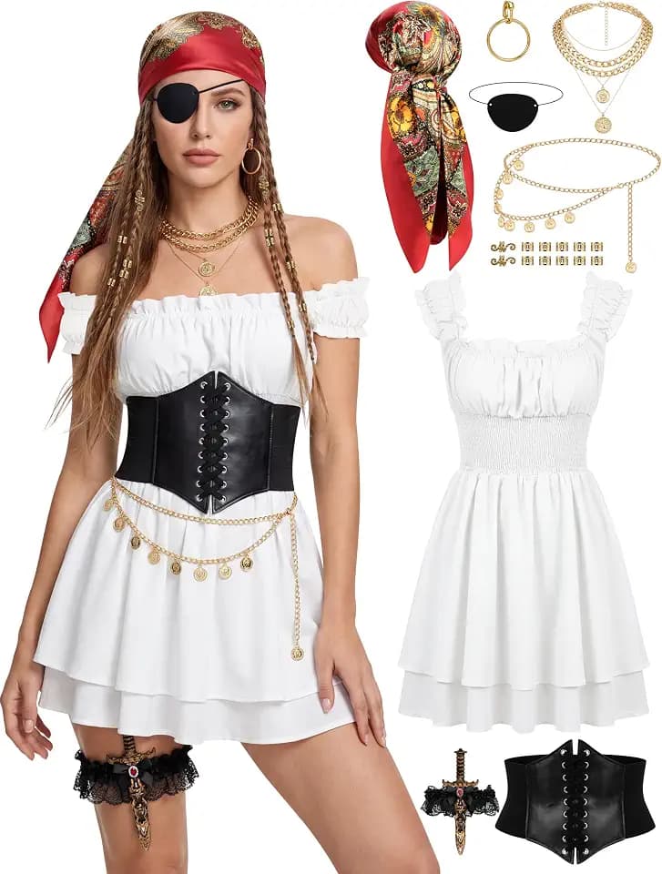 SOMSOC Pirate Costume Women Outfit with Renaissance Pirate Dress Corset Waist Belt Accessories Set for Halloween