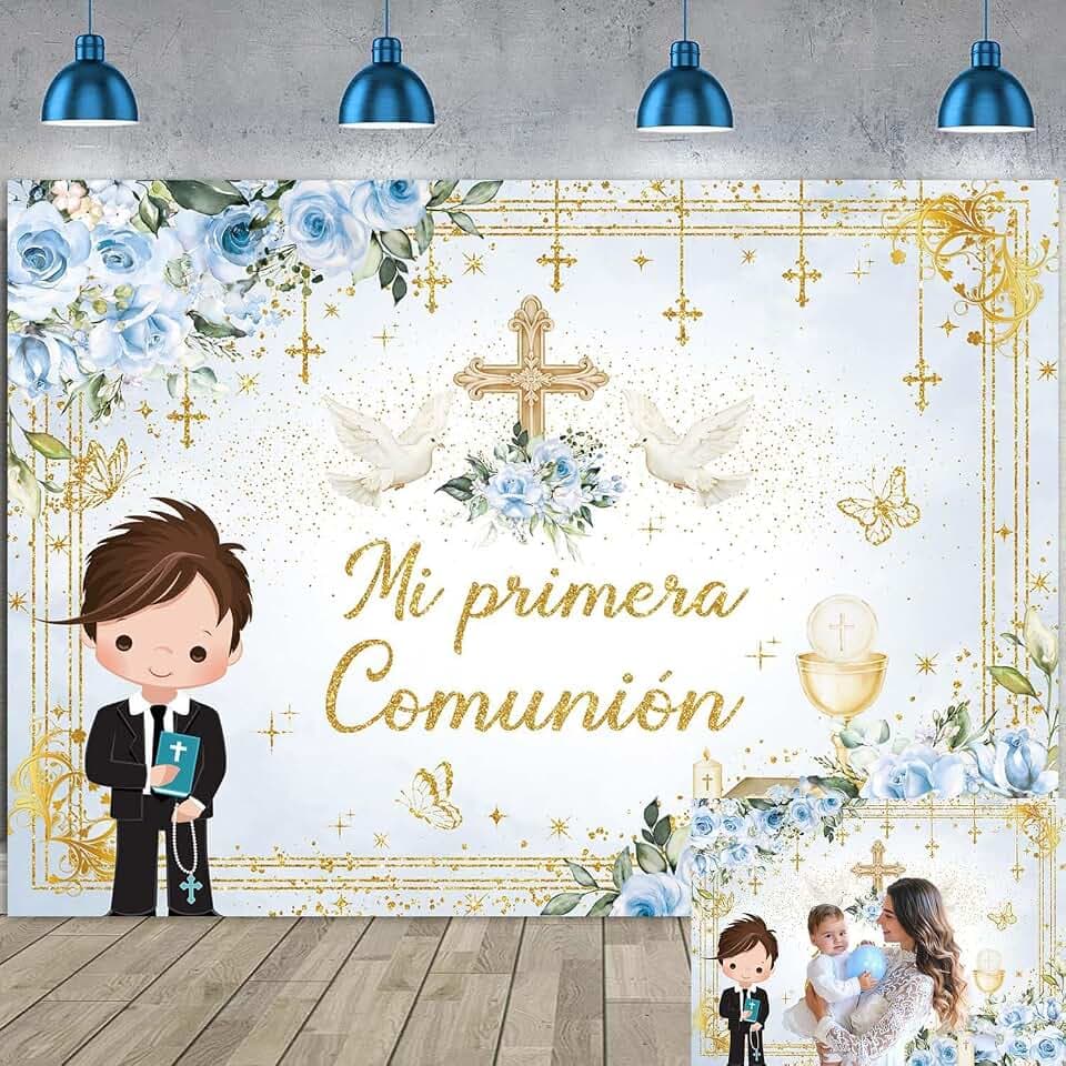 Mi Primera Comunion Baptism Backdrop for Boys God Bless First Holy Communion Photography Background Blue Floral Mi Bautizo Christening Confirmation Party Decorations Banner 7X5FT(82 x 59 inch)