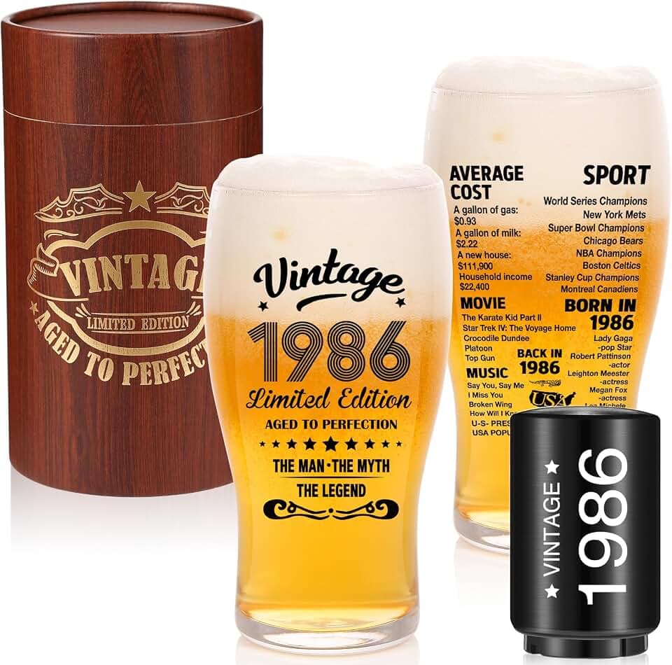 comfit 40th Birthday Gifts for Men-40th Birthday Gift Ideas,20oz,Vintage 1986 Beer Drinking Glass and Opener- 40th Birthday Decorations Party Supplies-40th Beer Glass for 40 Years Old Dad,Husband