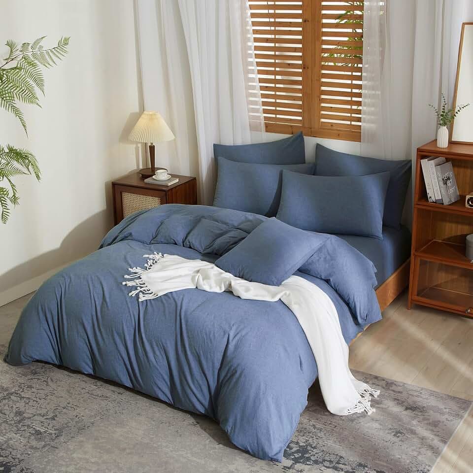Bettbezug, halblang, 220 x 240 cm, Blau, Denim, Bettwäsche, weich, atmungsaktiv, weich, Baumwoll-Leinen, Bettwäsche für Doppelbett, mit Reißverschluss und Kopfkissenbezügen, 65 x 65 cm